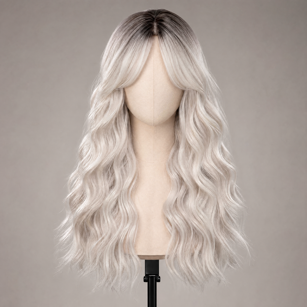 SILKORA 24 inch wavy full-head wig in Shadow Root, front view on mannequin shade card