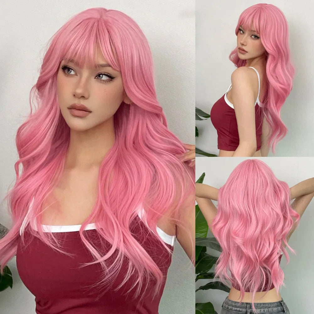 SILKORA 24 inch wavy full-head wig in Blush Rose, multi-angle collage on model
