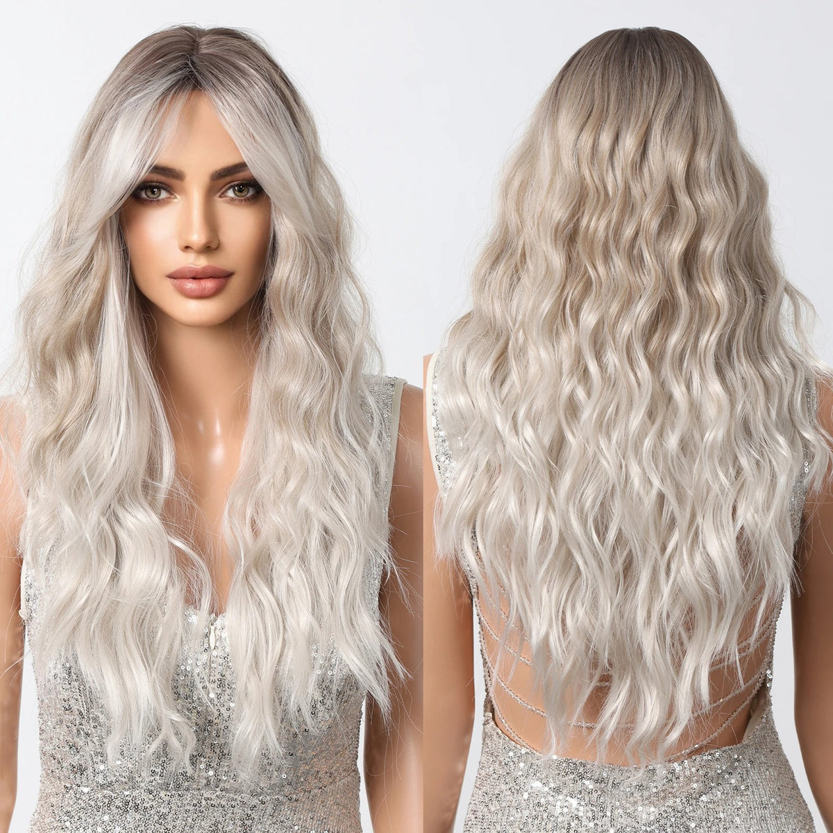 SILKORA 24 inch wavy full-head wig in Champagne Blonde, composite front and back view showing 24-inch length
