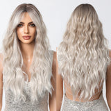 SILKORA 24 inch wavy full-head wig in Champagne Blonde, composite front and back view showing 24-inch length