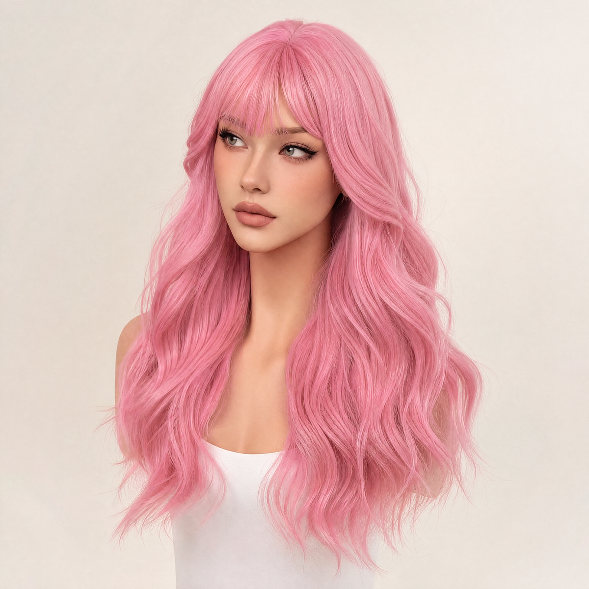 SILKORA 24 inch wavy full-head wig in Blush Rose, front three-quarter view on model shade card