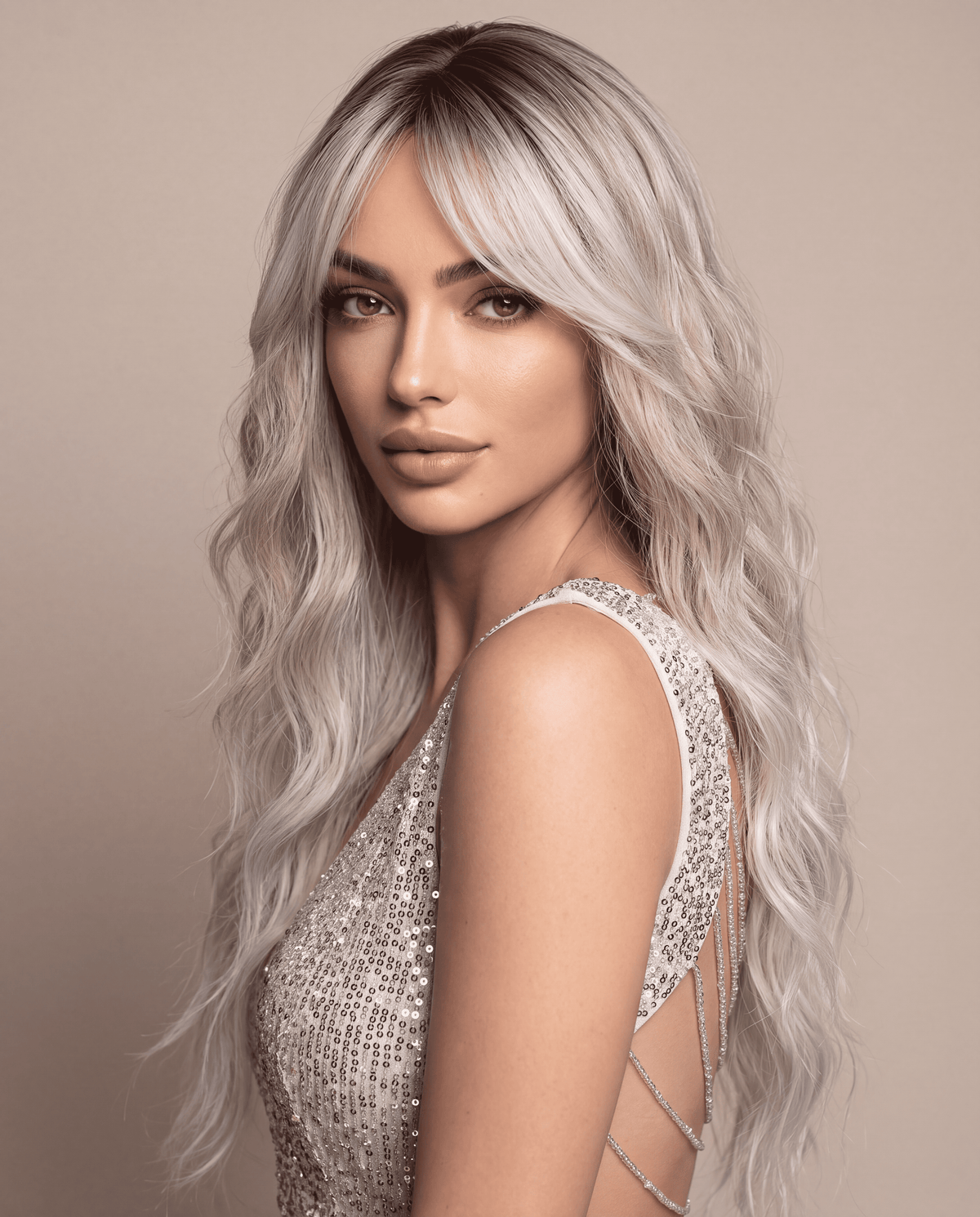 SILKORA 24 inch wavy full-head wig in Champagne Blonde, alternate three-quarter lifestyle view