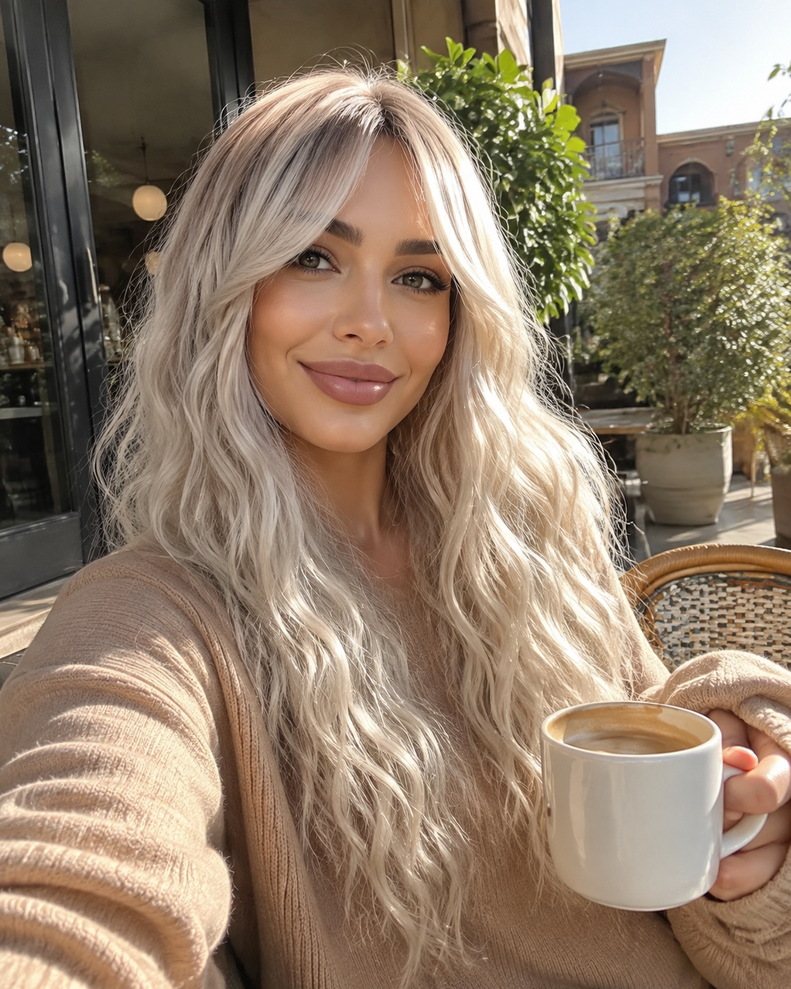 SILKORA 24 inch wavy full-head wig in Champagne Blonde, outdoor cafe lifestyle view on model