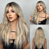 SILKORA 24 inch wavy full-head wig in Champagne Blonde, composite front side and back views on model
