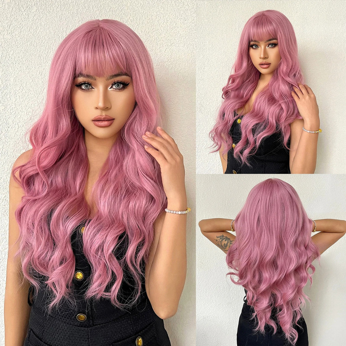 SILKORA 24 inch wavy full-head wig in Blush Rose, front three-quarter and back collage on model