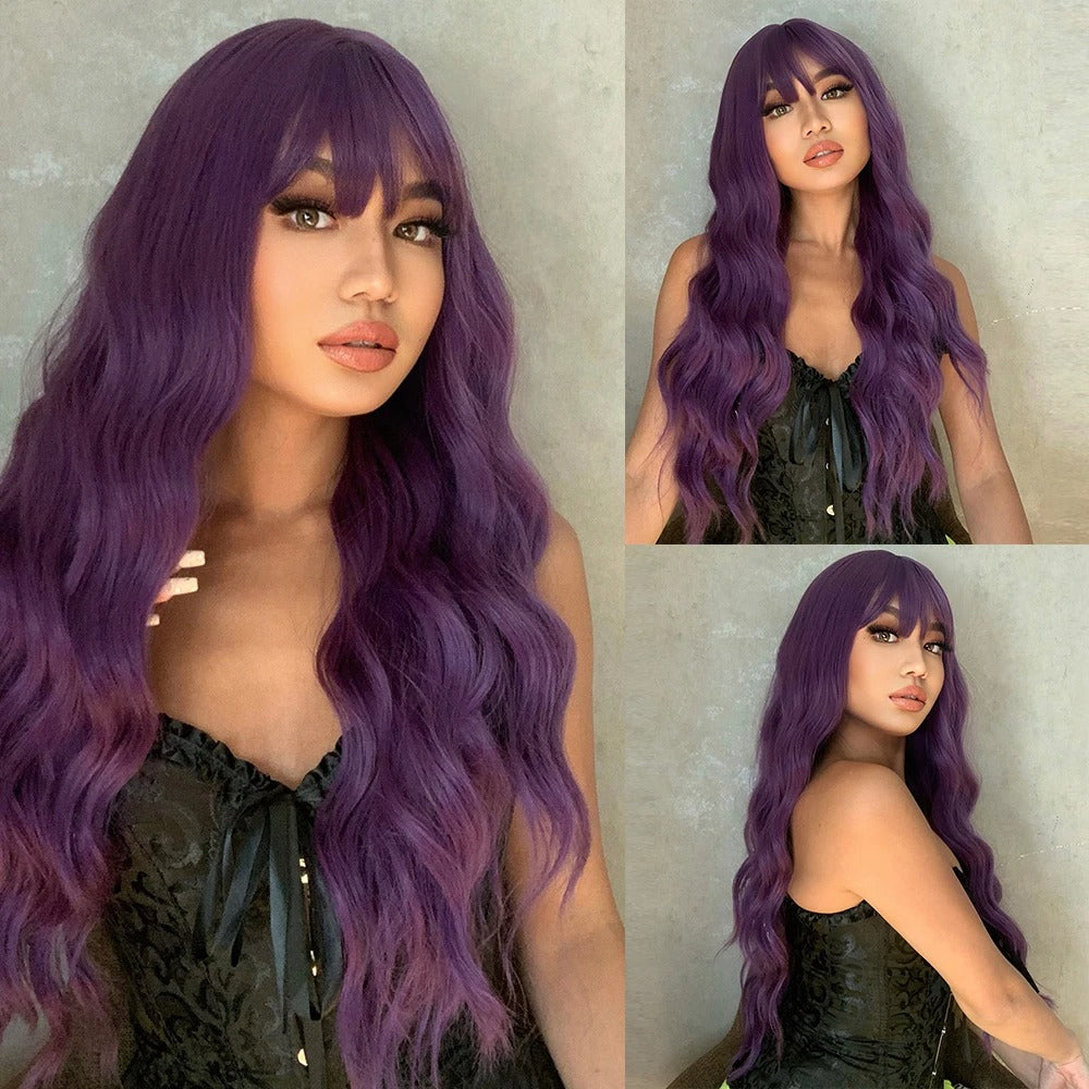 SILKORA 24 inch wavy full-head wig in Amethyst Violet, multi-angle collage on model