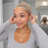SILKORA wig prep: model wearing nude nylon wig cap before application, front and mirror view