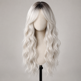 SILKORA 24 inch wavy full-head wig in Champagne Blonde with shadow root, front view on mannequin bust