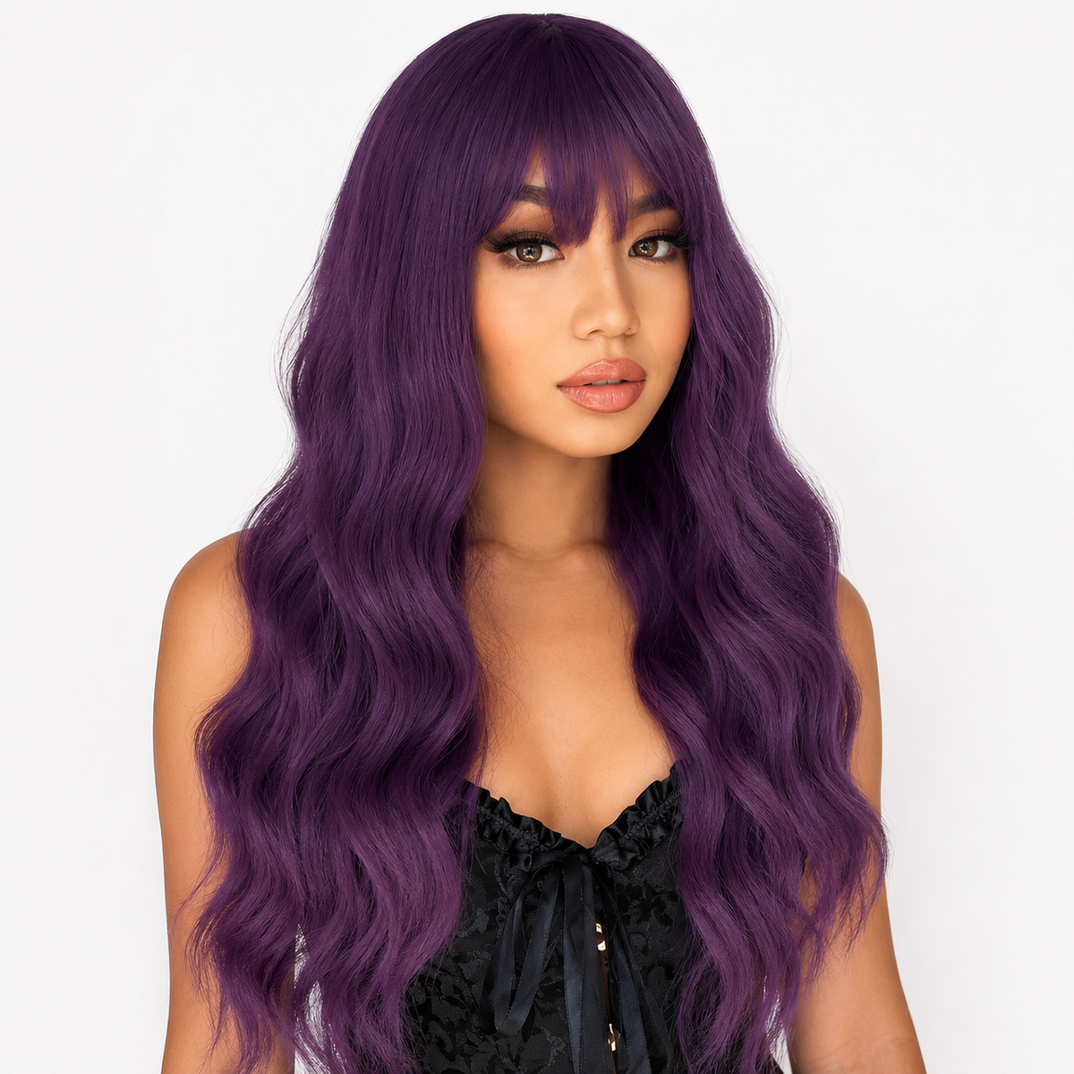 SILKORA 24 inch wavy full-head wig in Amethyst Violet, front view on model
