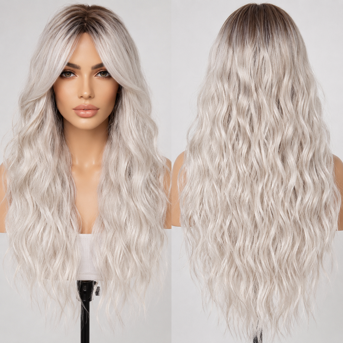 SILKORA 24 inch wavy full-head wig in Champagne Blonde with shadow roots, front and back composite