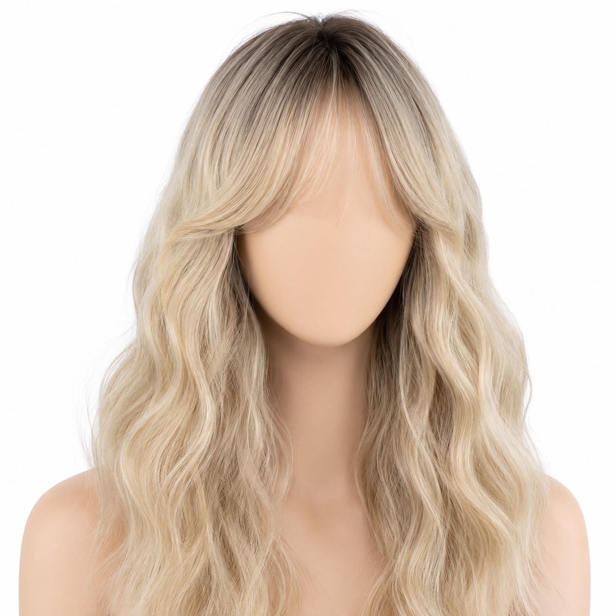 SILKORA 24 inch wavy full-head wig in Champagne Blonde with shadow root, front packshot on mannequin