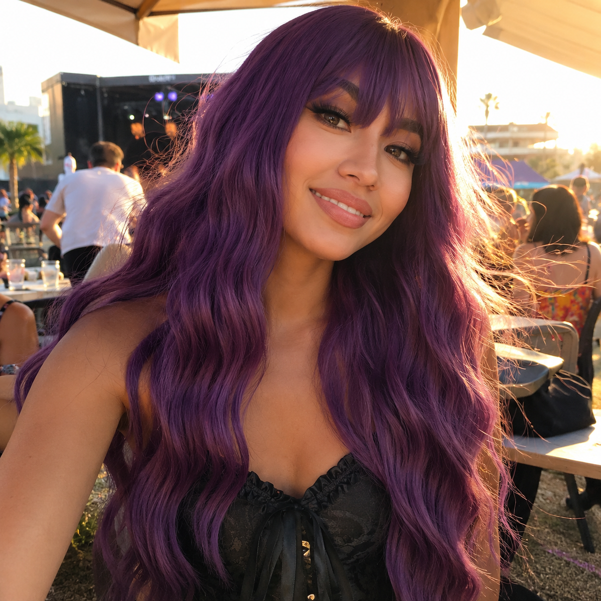 SILKORA 24 inch wavy full-head wig in Amethyst Violet, outdoor lifestyle view on model