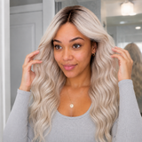 SILKORA 24 inch wavy full-head wig in Champagne Blonde, alternate lifestyle mirror view