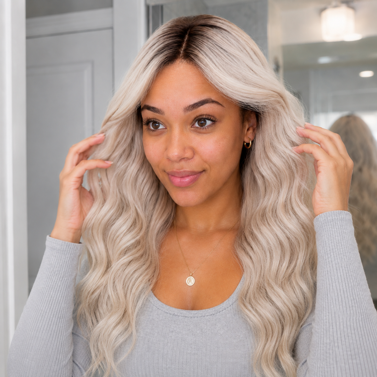 SILKORA 24 inch wavy full-head wig in Champagne Blonde, alternate lifestyle mirror view