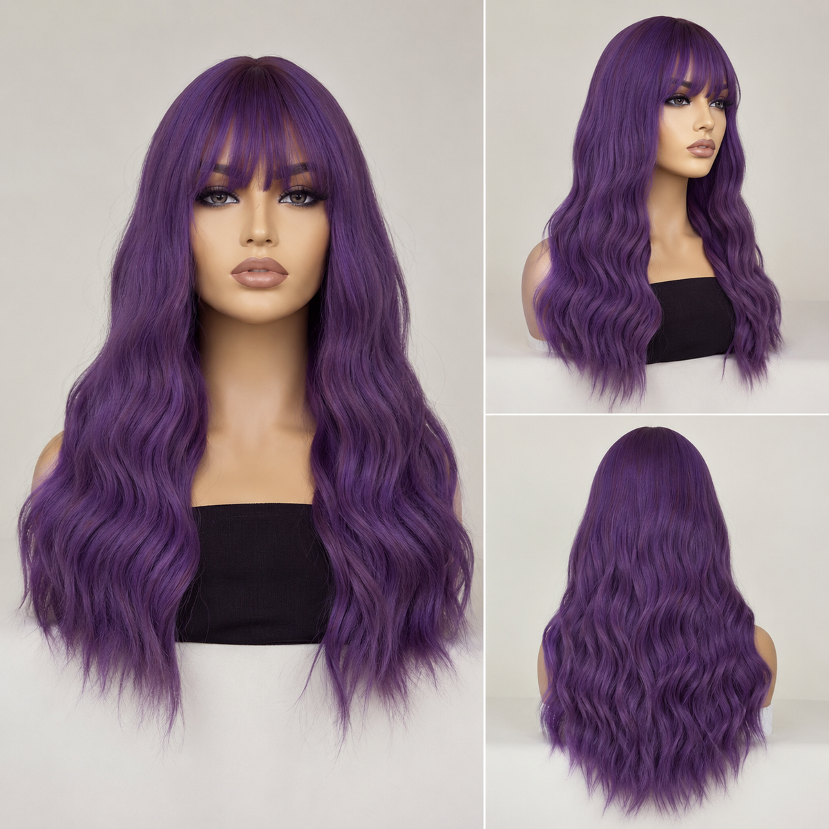 SILKORA 24 inch wavy full-head wig in Amethyst Violet, multi-angle collage on mannequin